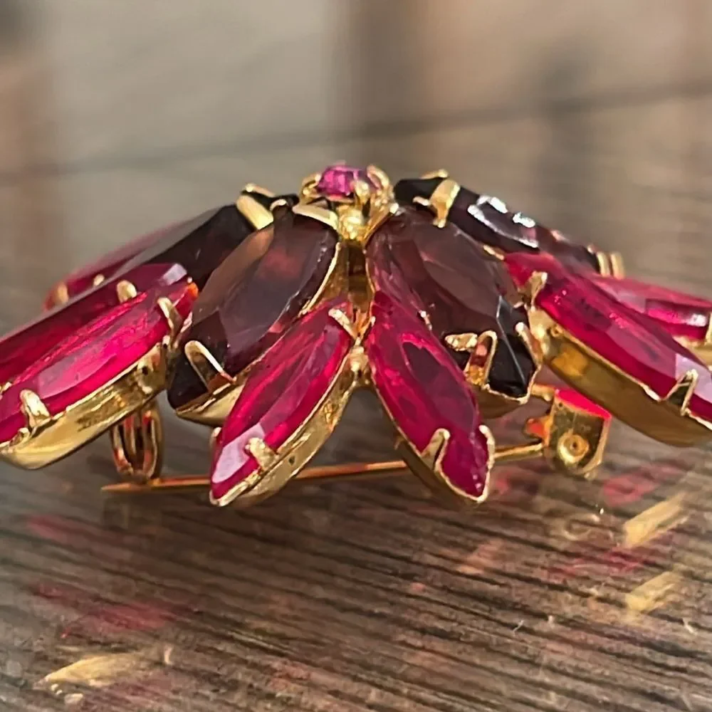 Vintage Floral Rhinestone Pin Red, Purple and Pin